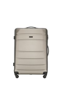 Hartschalentrolley in metallic Silber. Verfügt über eine strukturierte Oberfläche mit horizontalen Rillen, einen ausziehbaren Griff und vier Räder für die Mobilität.