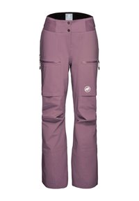 Purple waterproof ski pants feature a high waist, adjustable waistband, multiple zippered pockets, and reinforced ankle areas for durability.