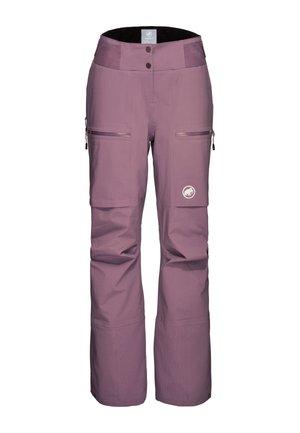 I pantaloni da sci impermeabili viola presentano una vita alta, una cintura regolabile, diverse tasche con zip e aree di caviglia rinforzate per garantire durata.