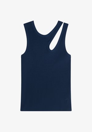 Marineblaues, geripptes Tanktop mit einem einzigartigen asymmetrischen Tragegurt-Design. Mit rundem Ausschnitt und kleinem Logo am Saum.