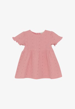 Różowa bawełniana sukienka z krótkimi falbaniastymi rękawami, ozdobiona haftowanym wzorem, okrągłym dekoltem i rozkloszowanym krojem spódnicy.