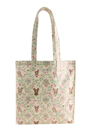 Cream tote bag with long handles featuring a floral pattern and small cartoon characters wearing animal hood costumes.