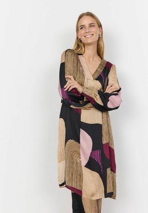 Long-sleeve dress with a V-neck; features abstract patterns in black, pink, gold, and burgundy; smooth fabric with a relaxed fit.