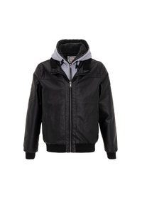Schwarze Kunstlederjacke mit einer grauen Fleecepulloverkapuze, gerippten Bündchen und Reißverschluss. Verfügt über symmetrische Schulterriemen und keine sichtbaren Muster.
