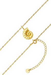 Smalks zelta ķēdītes kaklarota ar teksturētu spirāles čaulu piekariņu un regulējamām aizdari, kurai ir mazs apaļš piekariņš.