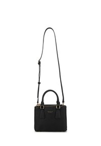 Borsa a mano in pelle nera con doppio manico, tracolla removibile, chiusura con zip e dettagli in hardware dorato. Superficie con texture.