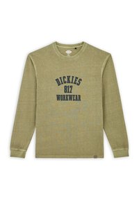 Olive green long-sleeve shirt with crew neck, featuring a large navy graphic "DICKIES 817 WORKWEAR" on the front. Soft, textured fabric.