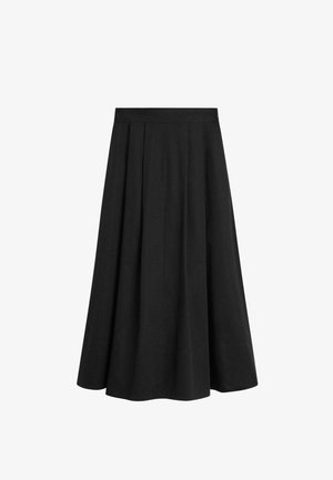 Zwarte geplooide rok met een hoge taille, gemaakt van een gladde stof. Het ontwerp heeft een volle silhouet dat tot onder de knie valt.