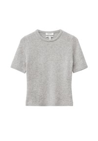 Grauer Pullover mit kurzen Ärmeln aus weichem Strickstoff, mit einem runden Ausschnitt sowie elastischen Bündchen und Saum, und einer glatten, einheitlichen Textur.