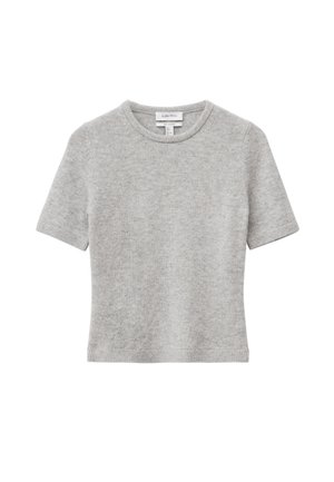 Grauer Pullover mit kurzen Ärmeln aus weichem Strickstoff, mit einem runden Ausschnitt sowie elastischen Bündchen und Saum, und einer glatten, einheitlichen Textur.