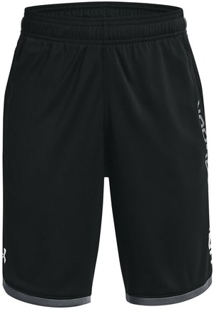 Schwarze sportliche Shorts mit elastischem Bund, die einen grauen Akzent am Saum und ein seitlich in Weiß gedrucktes Logo aufweisen.
