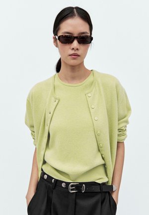Cardigan verde chiaro sopra un maglione a girocollo abbinato, entrambi realizzati in morbido tessuto lavorato a maglia. Cintura nera con una fibbia metallica. Occhiali da sole scuri.