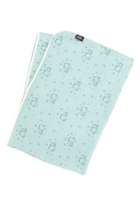 Light blue cotton muslin blanket with soft, white trim. Features repeating patterns of bunnies, stars, and moons in a minimalist design.