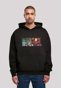 Felpa nera con cappuccio caratterizzata da una grafica colorata "MARVEL" con personaggi dei fumetti. Design con cappuccio e tasca frontale, polsini e orlo a coste.