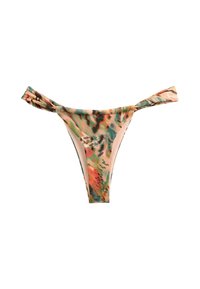 Bikini-botten med ett färgglatt abstrakt mönster i nyanser av grön, rosa och krämfärgad, med tunna remmar och en högskuren design.