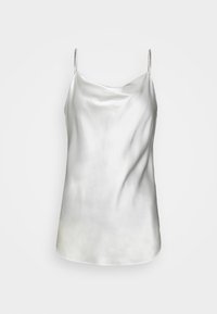 Silky, white camisole top with a draped neckline and thin straps featuring small accents, creating a smooth, flowing silhouette.