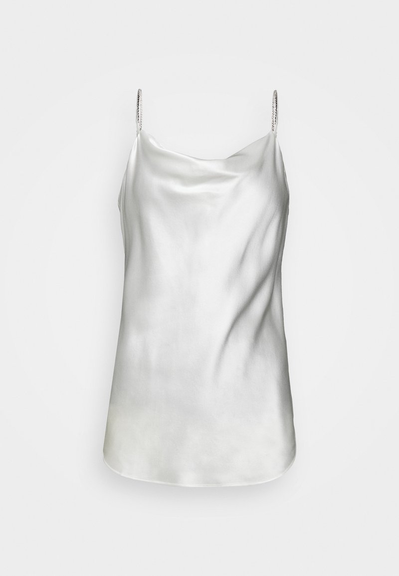 Silky, white camisole top with a draped neckline and thin straps featuring small accents, creating a smooth, flowing silhouette.