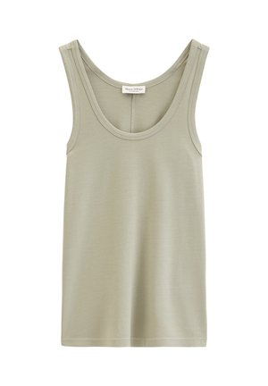 Débardeur beige sans manches avec larges bretelles et encolure ronde, avec une petite étiquette de marque à l’intérieur du col arrière.