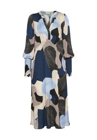 Long dress featuring a V-neck and balloon sleeves. Made of smooth fabric with a navy, black, and pastel abstract pattern. Smocked accents at sleeves.