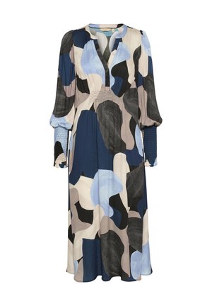 Pitkä mekko, jossa on V-pääntie ja puffihihat. Valmistettu sileästä kankaasta, jossa on laivastonsininen, musta ja pastellinvärinen abstrakti kuvio. Hihansuissa on smock-aukkoja.
