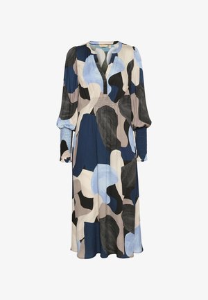 Dolga obleka z V-izrezom in napihnjenimi rokavi. Narejena iz gladkega blaga z morsko modrim, črnim in pastelno abstraktnim vzorcem. Nabran detajl na rokavih.