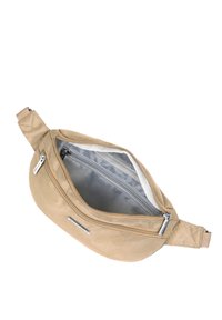 Marsupio in tela color beige con un compartimento principale liscio e con zip, e una tasca più piccola con zip. Presenta una tracolla regolabile e dettagli in metallo argentato.