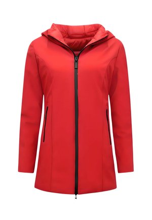 Rood damesjack met capuchon, lange mouwen, zwarte ritssluiting aan de voorkant en zijzakken tegen een witte achtergrond.