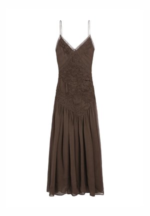 Brown, sleeveless dress with a v-neck and lace trim. Features a textured bodice and flowing skirt with gathered detailing.