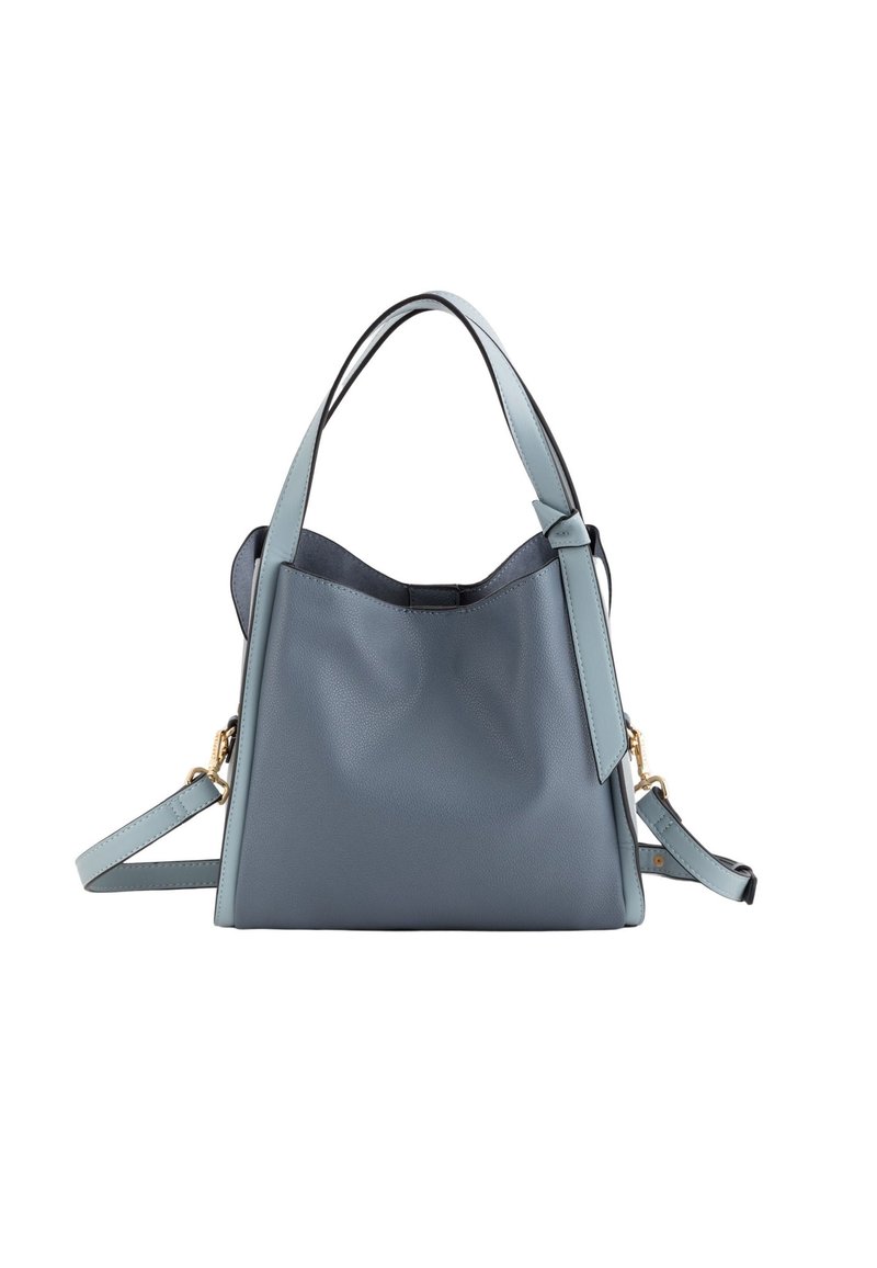 Skórzana torebka w jasnoniebieskim kolorze o strukturalnym kształcie, z krótkimi uchwytami i odpinanym paskiem na ramię. Charakteryzuje się delikatnym połyskiem i gładką fakturą.