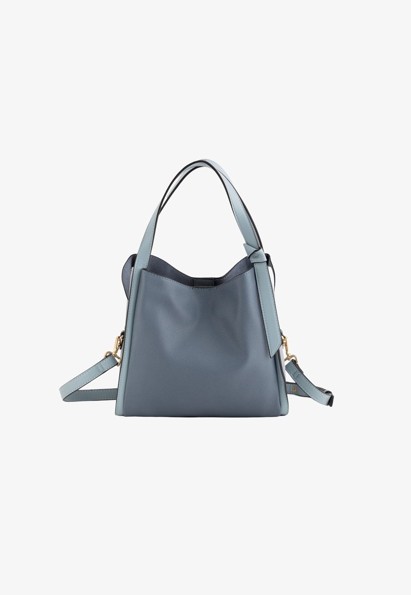 Skórzana torebka w jasnoniebieskim kolorze o strukturalnym kształcie, z krótkimi uchwytami i odpinanym paskiem na ramię. Charakteryzuje się delikatnym połyskiem i gładką fakturą.
