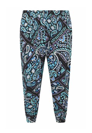 Kvindernes skrånende bukser med elastiske manchetter, med en sort base og blå, turkis og hvide paisleyblomster.