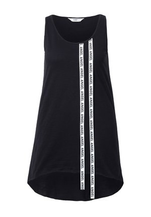 Top negro sin mangas con escote redondeado, dobladillo trasero más largo y dos franjas verticales blancas con la palabra "ÁNGEL" repetida.