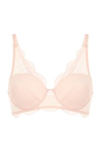 Spets-bh med underwire i ljusrosa, med scallopkanter och släta kupor. Justerbara band och en delikat blommönsterdetalj.