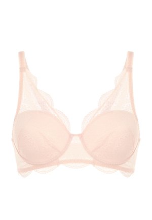 Spitzen-Bügel-BH in hellrosa, mit gewellten Kanten und glatten Cups. Verstellbare Träger und ein zartes Blumenmuster. 