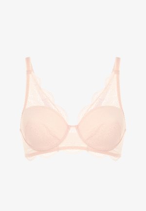 Lace onderwire bh in lichtroze, met gegolfde randen en gladde cups. Verstelbare bandjes en een delicaat bloemenpatroon detail.