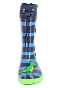 Blauwe en zwarte gestreepte rubberen regenlaars met een groene dinosaurus accent en een groene zool; beschikt over een trekkoord bovenkant voor een verstelbare pasvorm.