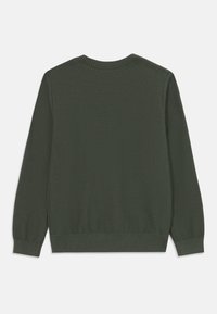 Maglione lavorato a maglia verde scuro con scollatura rotonda, polsini e orlo a coste, e una texture liscia; presenta maniche lunghe e un design semplice.