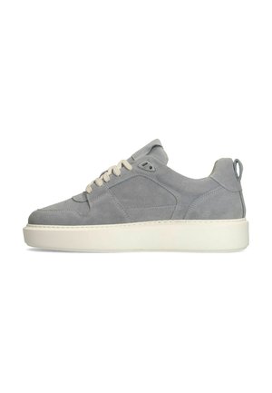 Low-top gray suede sneaker with beige laces, padded collar, pull tab at heel, and thick white rubber sole.