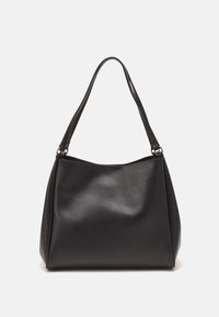 Black synthetic leather handbag with a soft texture, hobo shape, and dual shoulder straps; features a glossy finish and minimalistic design.