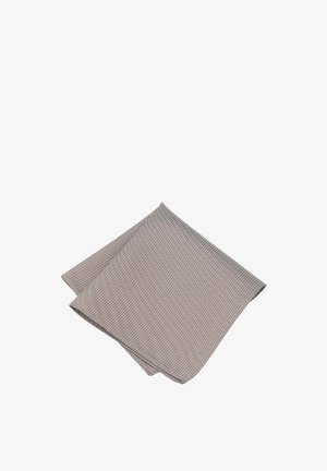 Gray woven cloth napkin with a textured pattern, featuring frayed edges and a soft finish, folded in a layered arrangement.