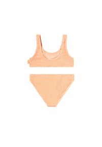 Ferskenfarget ribbet bikini-sett som har en scoop-neck topp med tykke stropper og matchende trekantbunn, begge laget av strukturert stoff.