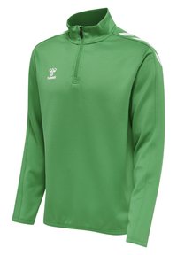 Groene pullover met lange mouwen en een halve rits kraag. Gemaakt van soepele stof, met witte accenten en een logo op de linkerbovenkamer.
