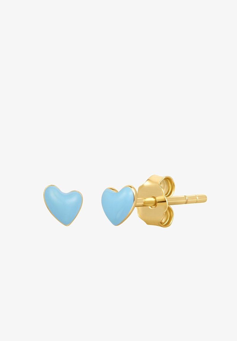 Gold-plated heart-shaped earrings with a smooth, light blue enamel finish. Includes a post and butterfly clasp for secure wear.