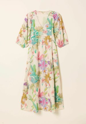 Valge midi pikkusega kleit V-kaelusega, volangikeste ja kolmeveerandvarrukatega, värvikireva troopilise lillemustriga.