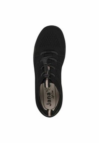 Scarpa atletica nera con tomaia in maglia, motivo testurizzato, lacci elastici regolabili e accenti rosa a contrasto sulla linguetta.