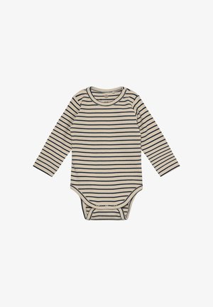 Body de bebé de manga larga con rayas en beige y azul marino horizontales, con escote redondo y cierres de presión en la parte inferior.