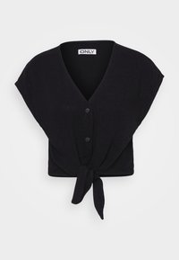 Top corto senza maniche di colore nero con scollatura a V, due bottoni frontali e nodo anteriore, etichettato ONLY all'interno della scollatura.