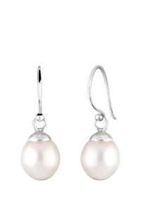 Pärlhängörhängen med en glansig vit yta. Silverfärgade metallaccenter håller fast pärlorna, med en enkel krokdesign för lätt användning.