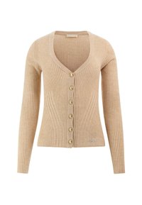 Beige ribbed cardigan with a V-neck, seven front buttons, and subtle shimmer detailing on the left side. Textured, fitted design.