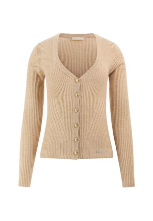 Beige ribbed cardigan with a V-neck, seven front buttons, and subtle shimmer detailing on the left side. Textured, fitted design.